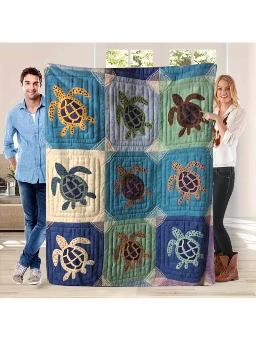 Turtle and Ocean-themed Quilted Bedspread blanket Soft Flannel Suitable New Bag